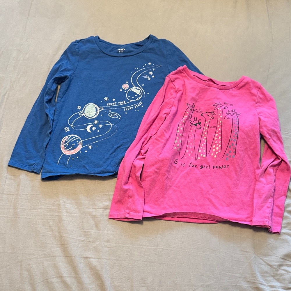 Carter's Kid (2) Space & Giraffe Blue & Pink Long Sleeve Tee - Size 7/7A